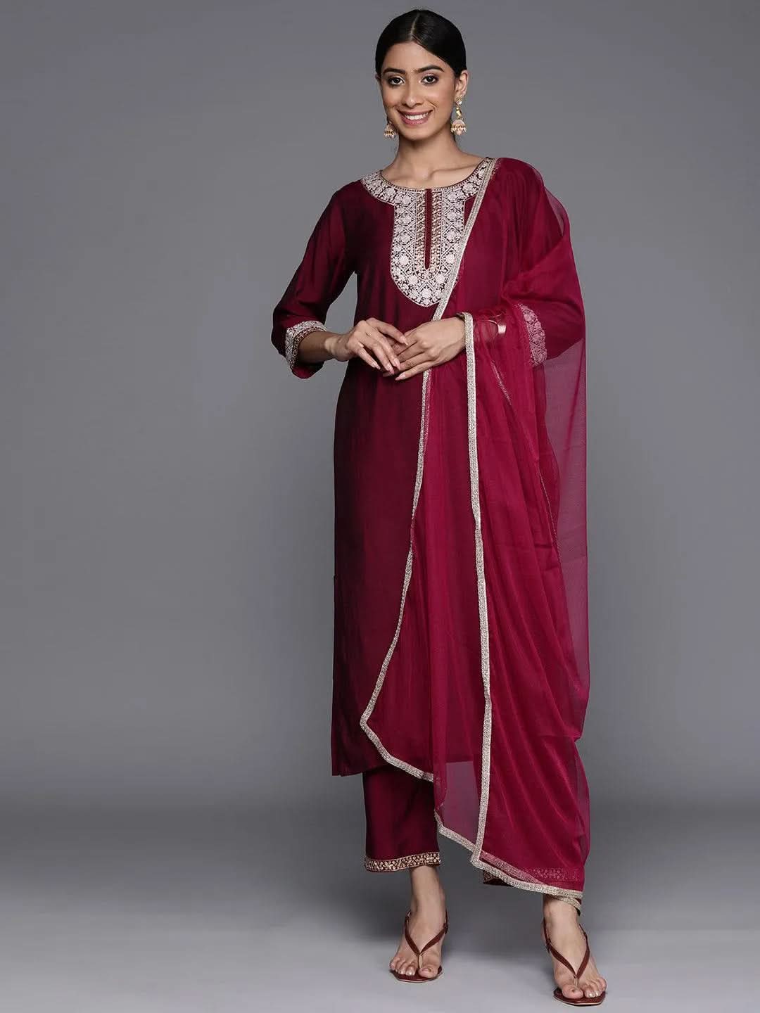 

Burgundy Yoke Design Silk Blend Straight Kurta With Dupatta