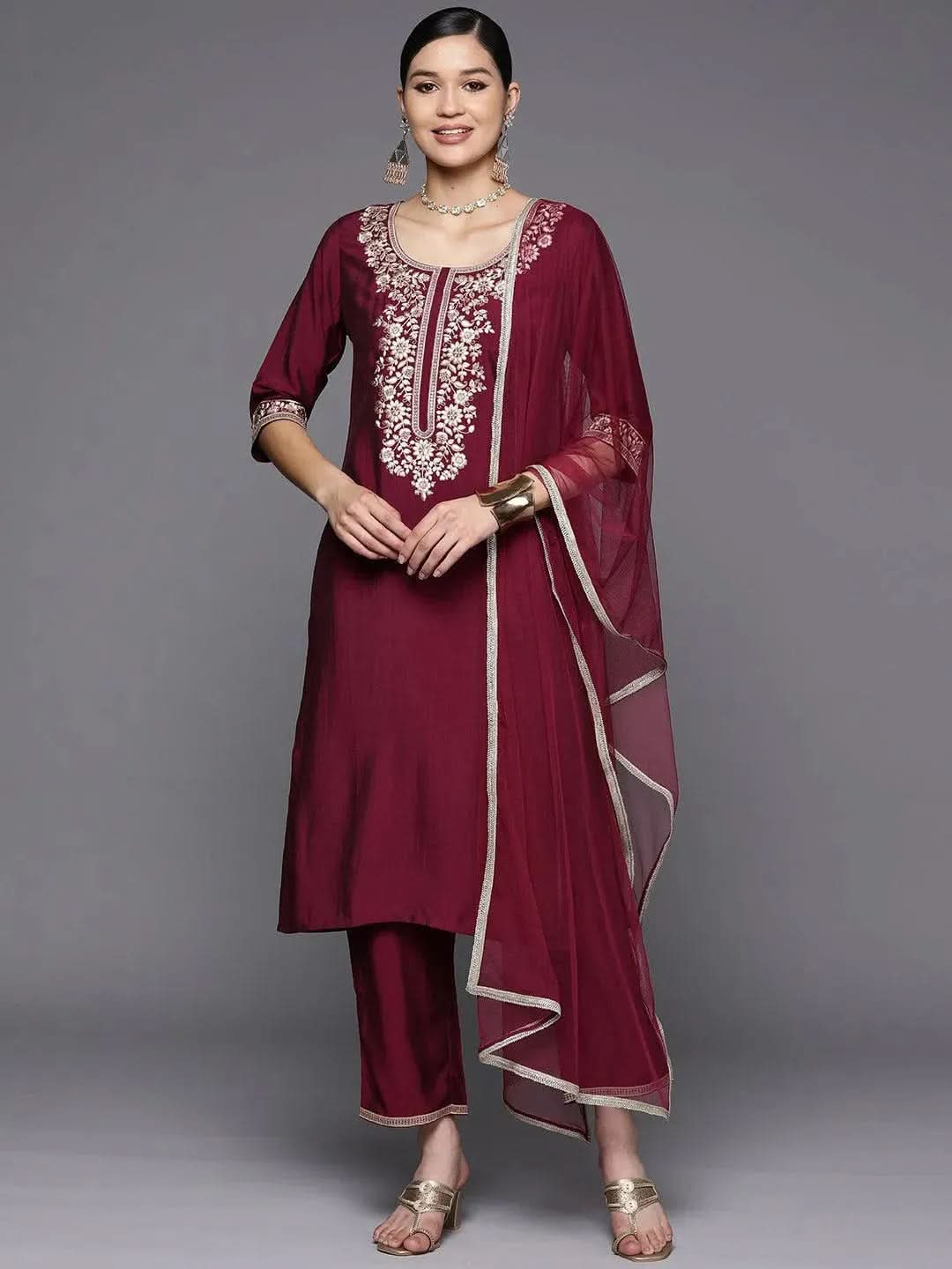 

Burgundy Yoke Design Silk Blend Straight Kurta With Dupatta
