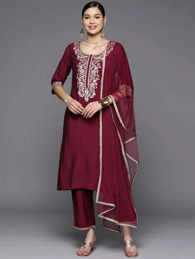 Burgundy Yoke Design Silk Blend Straight Suit Set With Trousers - Libas