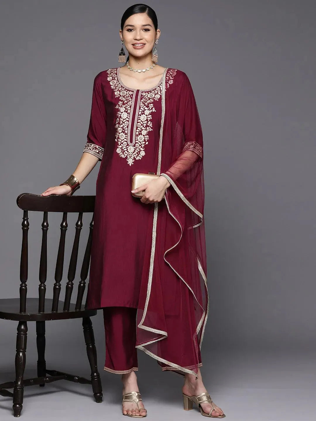 Burgundy Yoke Design Silk Blend Straight Suit Set With Trousers - Libas 