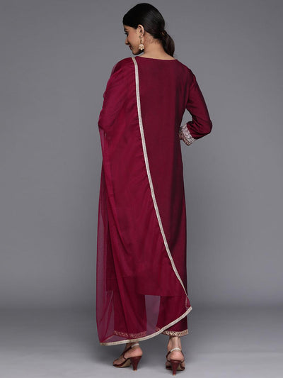 Burgundy Yoke Design Silk Blend Suit Set With Trousers - Libas