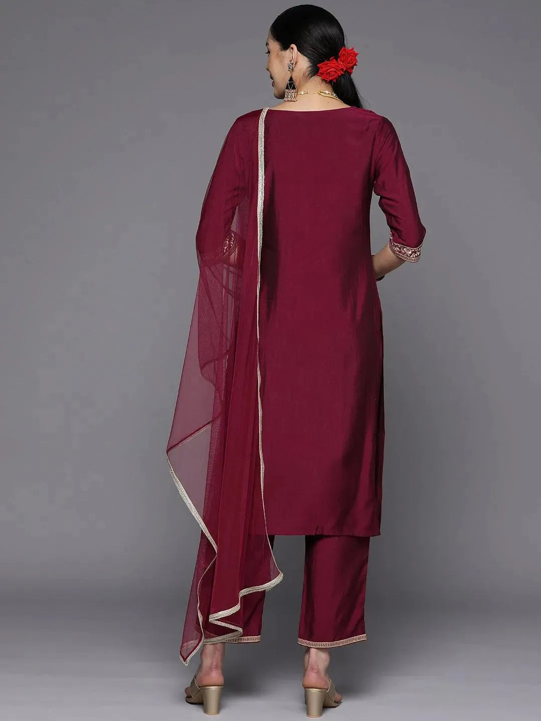 Burgundy Yoke Design Silk Blend Straight Suit Set With Trousers - Libas 