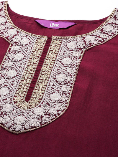 Burgundy Yoke Design Silk Blend Suit Set With Trousers - Libas