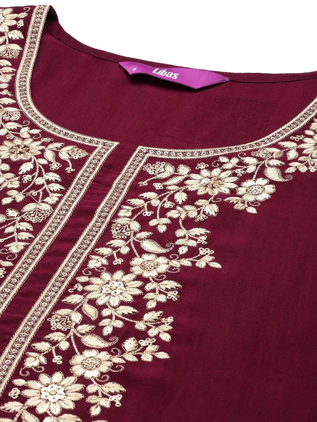 Burgundy Yoke Design Silk Blend Straight Suit Set With Trousers - Libas 
