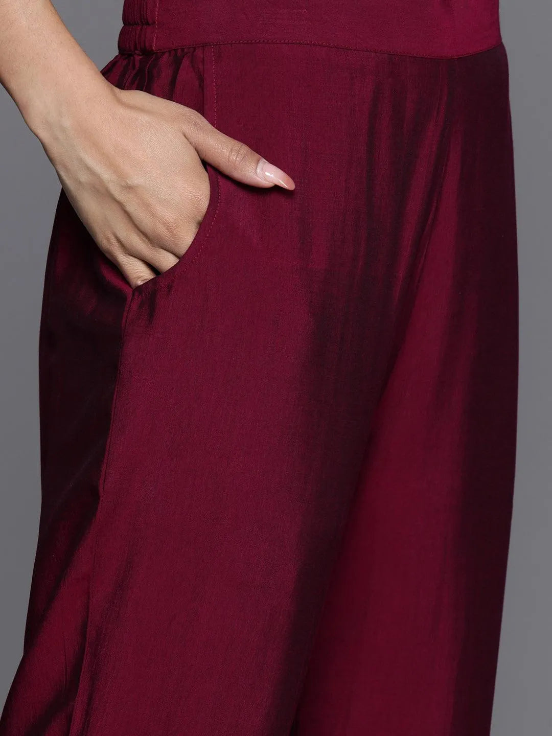 Burgundy Yoke Design Silk Blend Suit Set With Trousers - Libas 