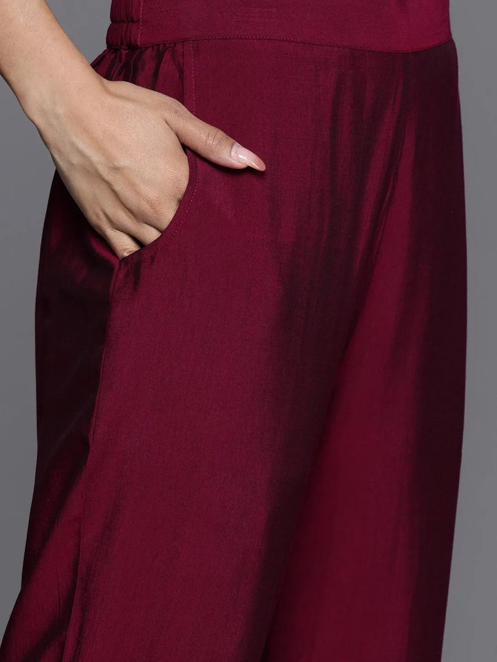 Burgundy Yoke Design Silk Blend Suit Set With Trousers - Libas