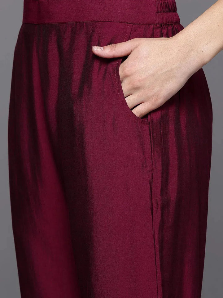 Burgundy Yoke Design Silk Blend Straight Suit Set With Trousers - Libas