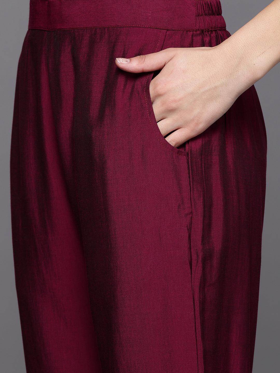 Burgundy Yoke Design Silk Blend Straight Suit Set With Trousers - Libas