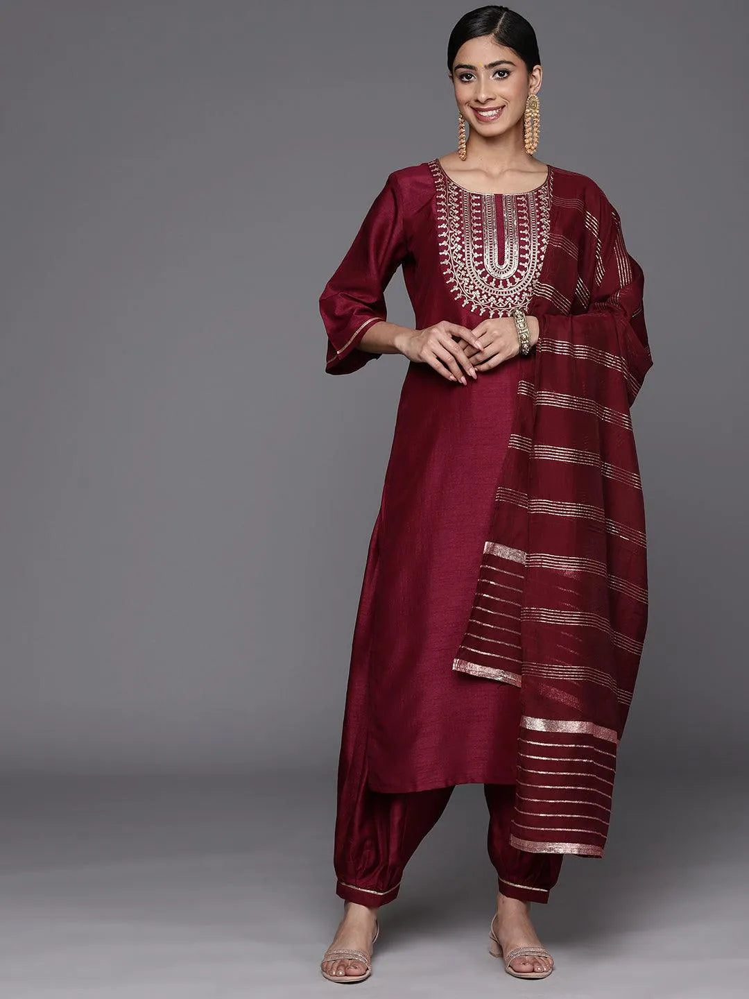 Burgundy Yoke Design Silk Blend Straight Suit Set With Salwar - Libas 