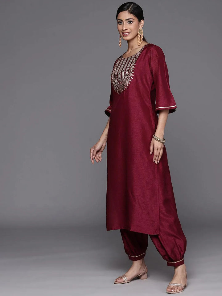 Burgundy Yoke Design Silk Blend Straight Suit Set With Salwar - Libas