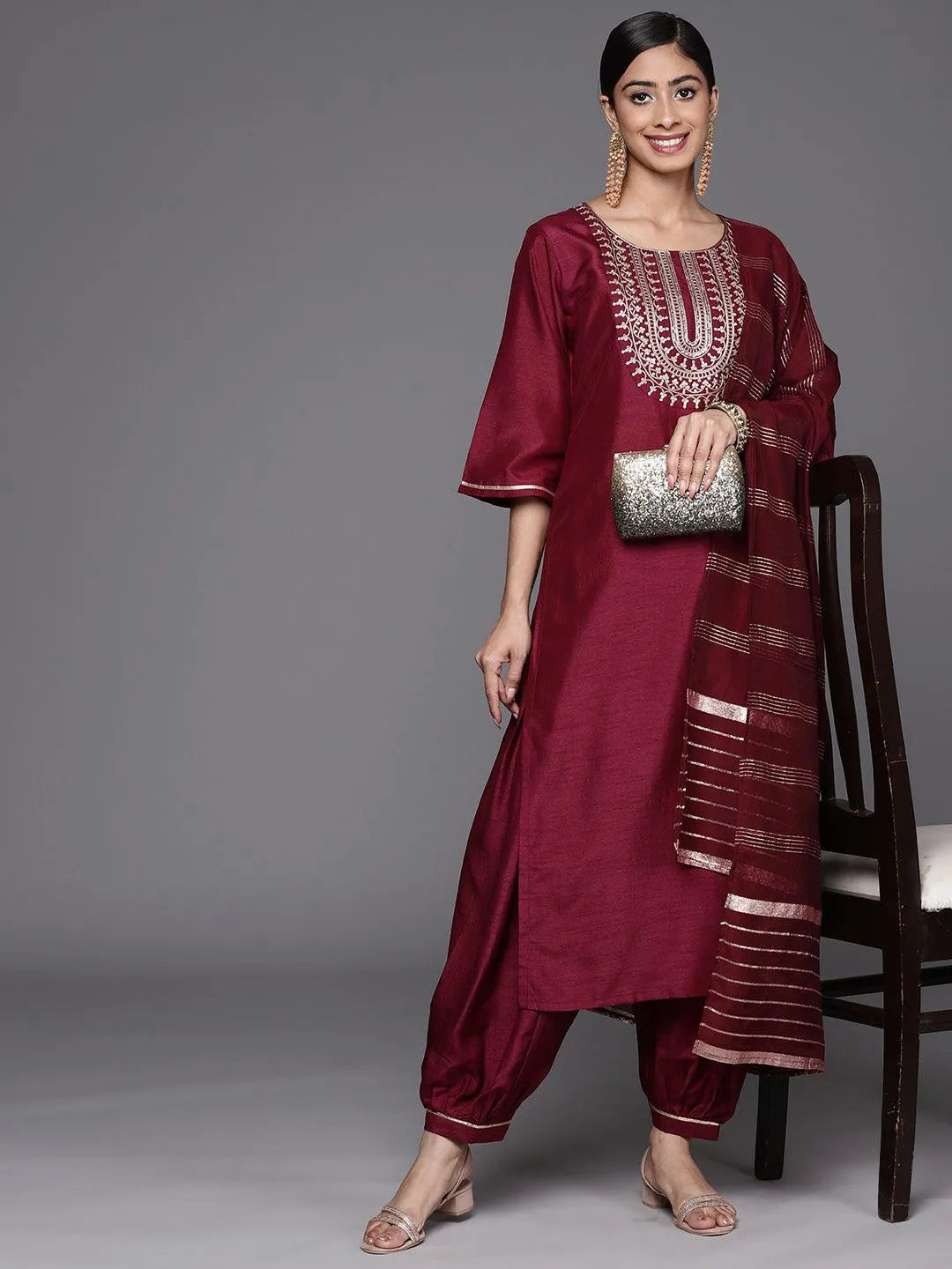 Burgundy Yoke Design Silk Blend Straight Suit Set With Salwar - Libas 