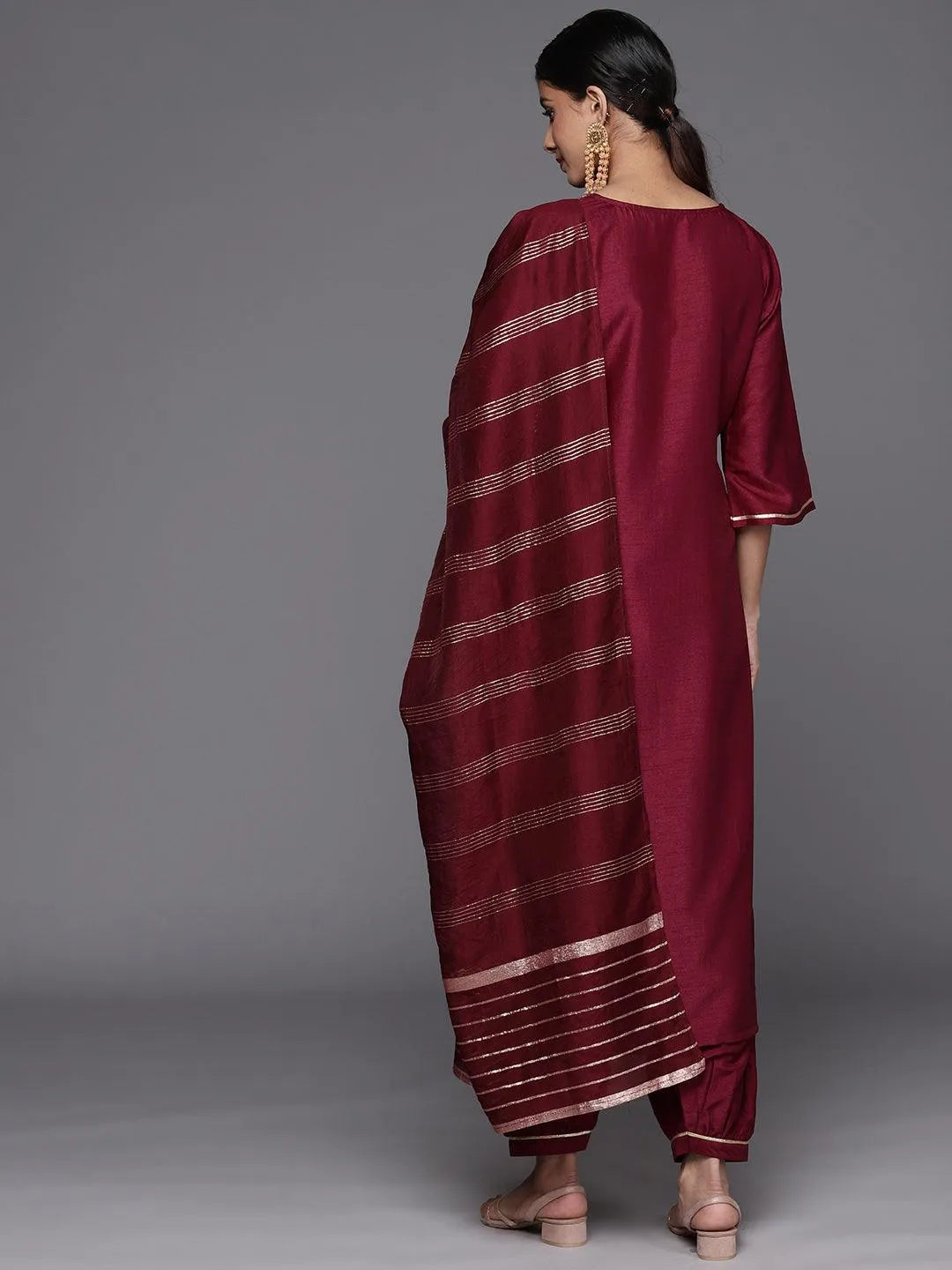 Burgundy Yoke Design Silk Blend Straight Suit Set With Salwar - Libas 