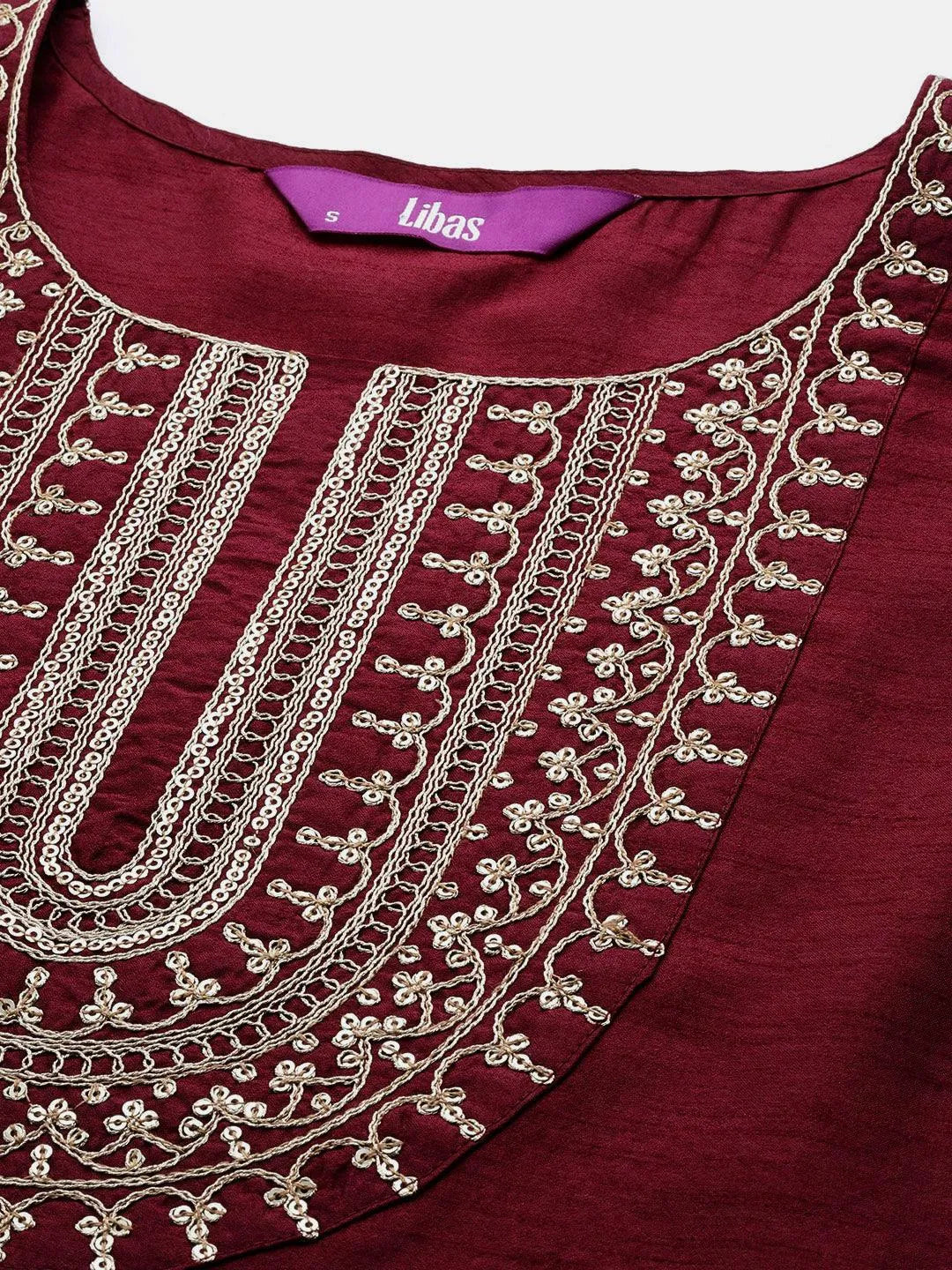 Burgundy Yoke Design Silk Blend Straight Suit Set With Salwar - Libas 