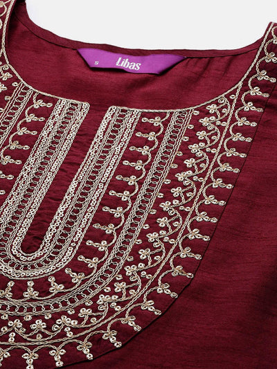 Burgundy Yoke Design Silk Blend Straight Suit Set With Salwar - Libas