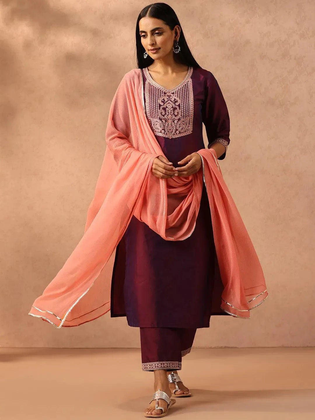 Burgundy Yoke Design Silk Blend Suit Set With Trousers - Libas 