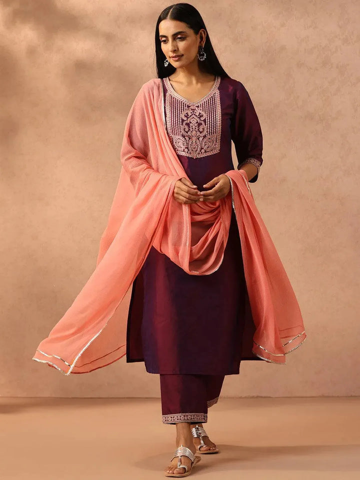 Burgundy Yoke Design Silk Blend Suit Set With Trousers - Libas