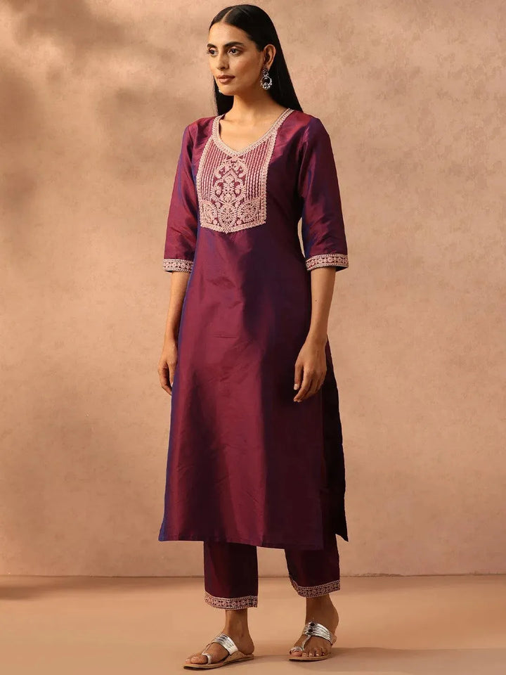 Burgundy Yoke Design Silk Blend Suit Set With Trousers - Libas
