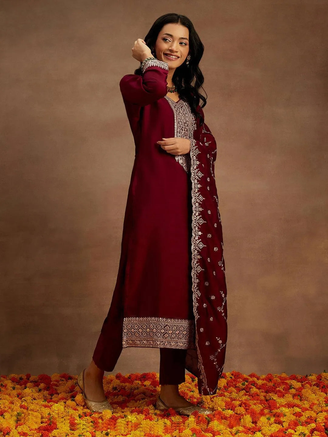 Burgundy Yoke Design Silk Blend Straight Kurta With Trousers & Dupatta - Libas 