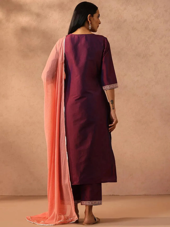 Burgundy Yoke Design Silk Blend Suit Set With Trousers - Libas
