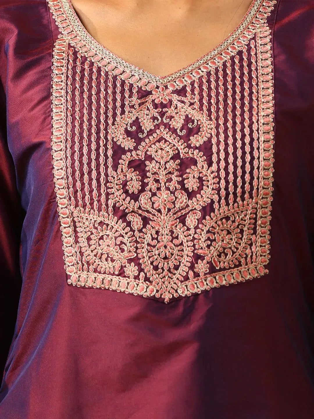 Burgundy Yoke Design Silk Blend Suit Set With Trousers - Libas 