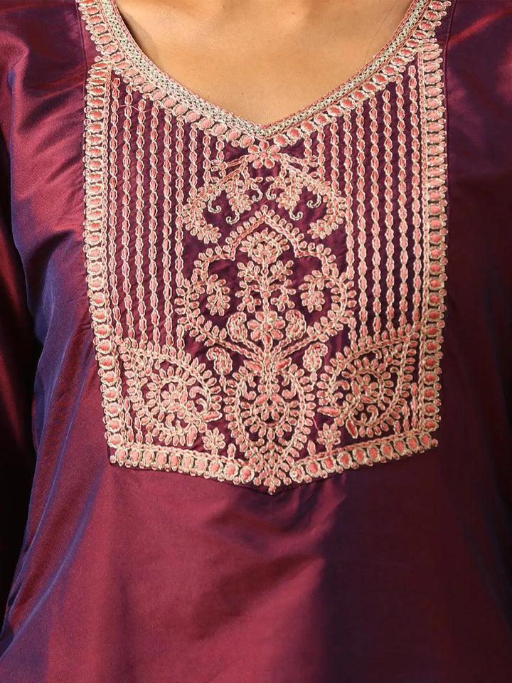 Burgundy Yoke Design Silk Blend Suit Set With Trousers - Libas