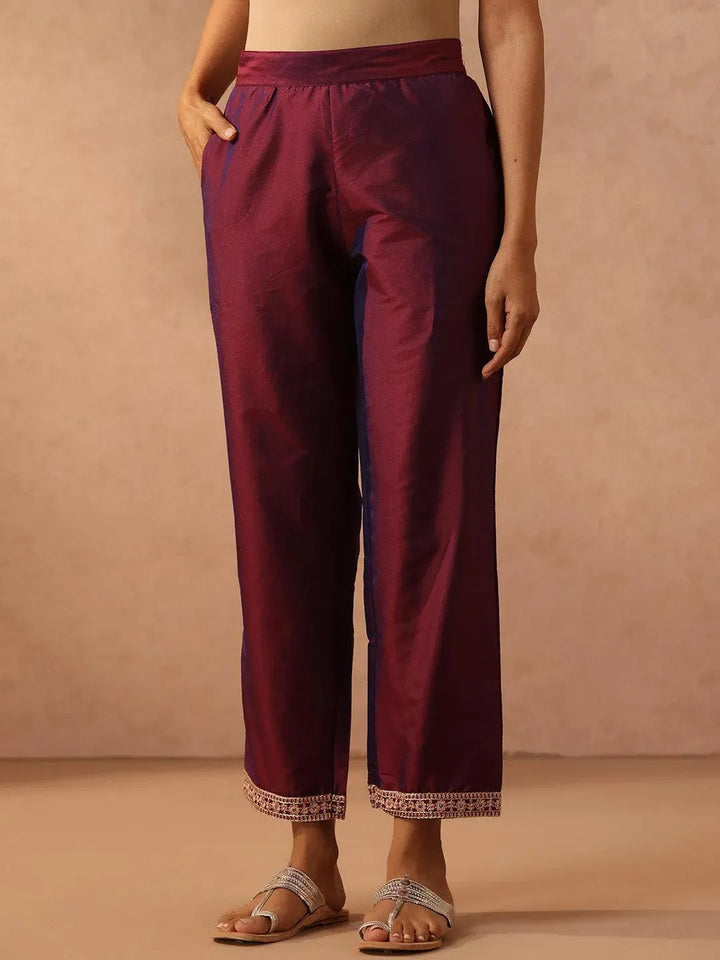 Burgundy Yoke Design Silk Blend Suit Set With Trousers - Libas