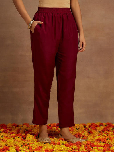 Burgundy Yoke Design Silk Blend Straight Kurta With Trousers & Dupatta - Libas