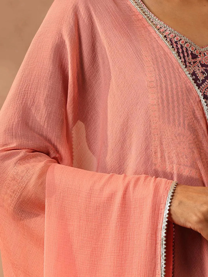 Burgundy Yoke Design Silk Blend Suit Set With Trousers - Libas