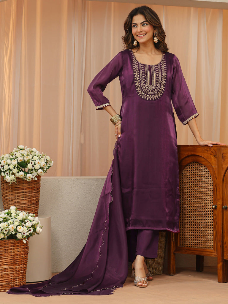 Gerua Burgundy Yoke Design Tissue Straight Suit Set