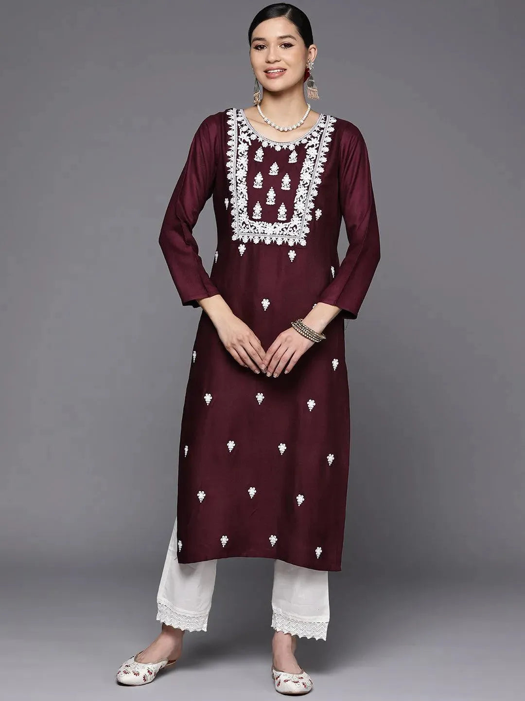 Burgundy Yoke Design Wool Straight Kurta - Libas