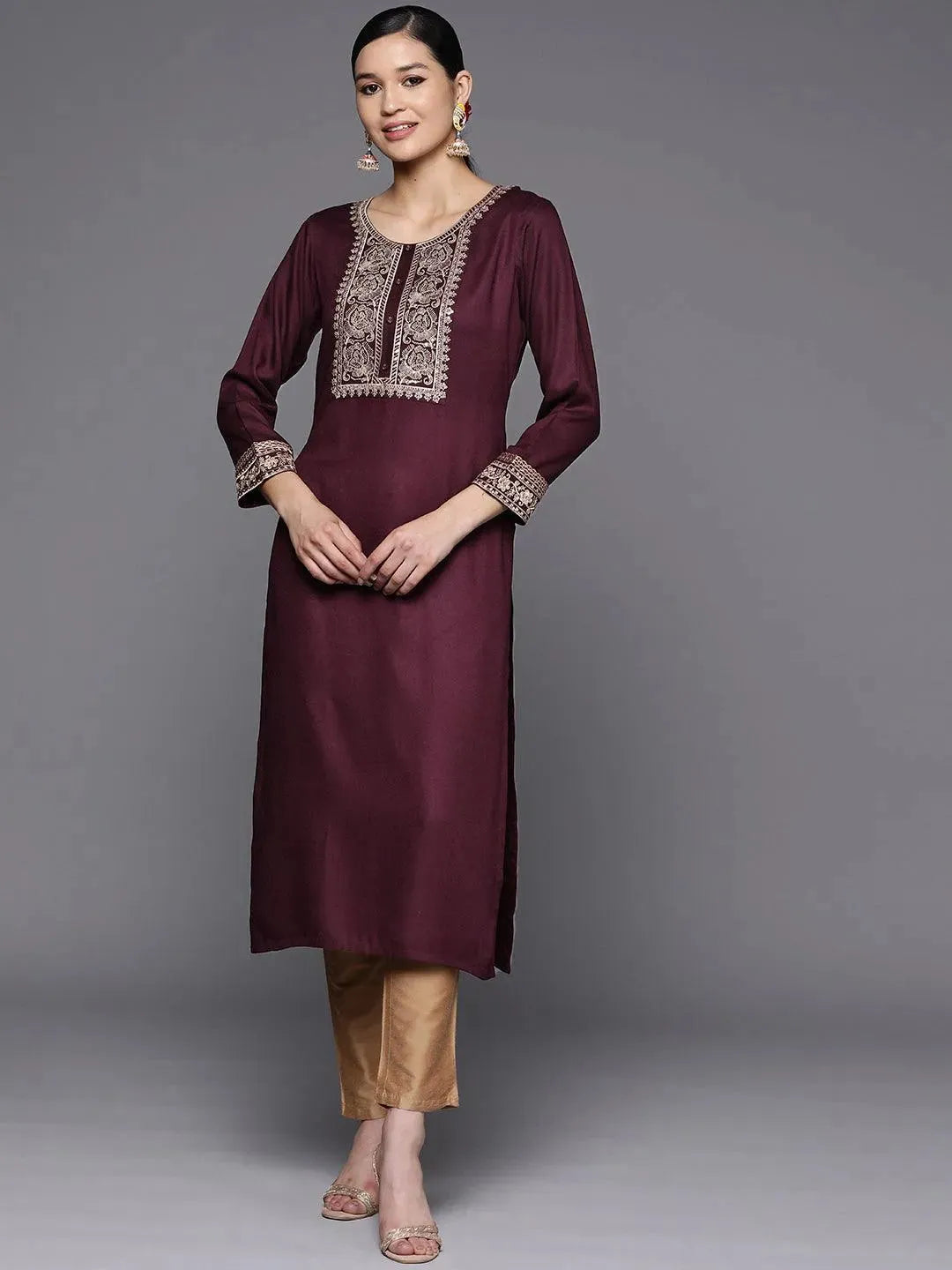 Burgundy Yoke Design Wool Straight Kurta - Libas