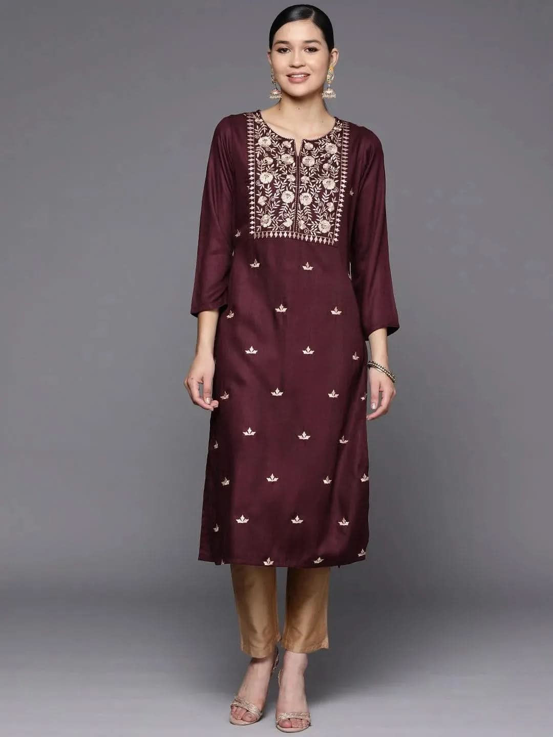 Burgundy Yoke Design Wool Straight Kurta - Libas 