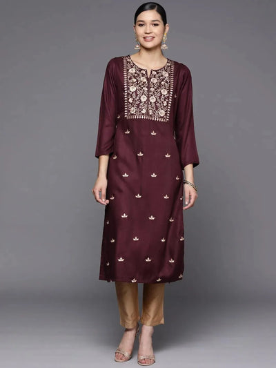 Burgundy Yoke Design Wool Straight Kurta - Libas