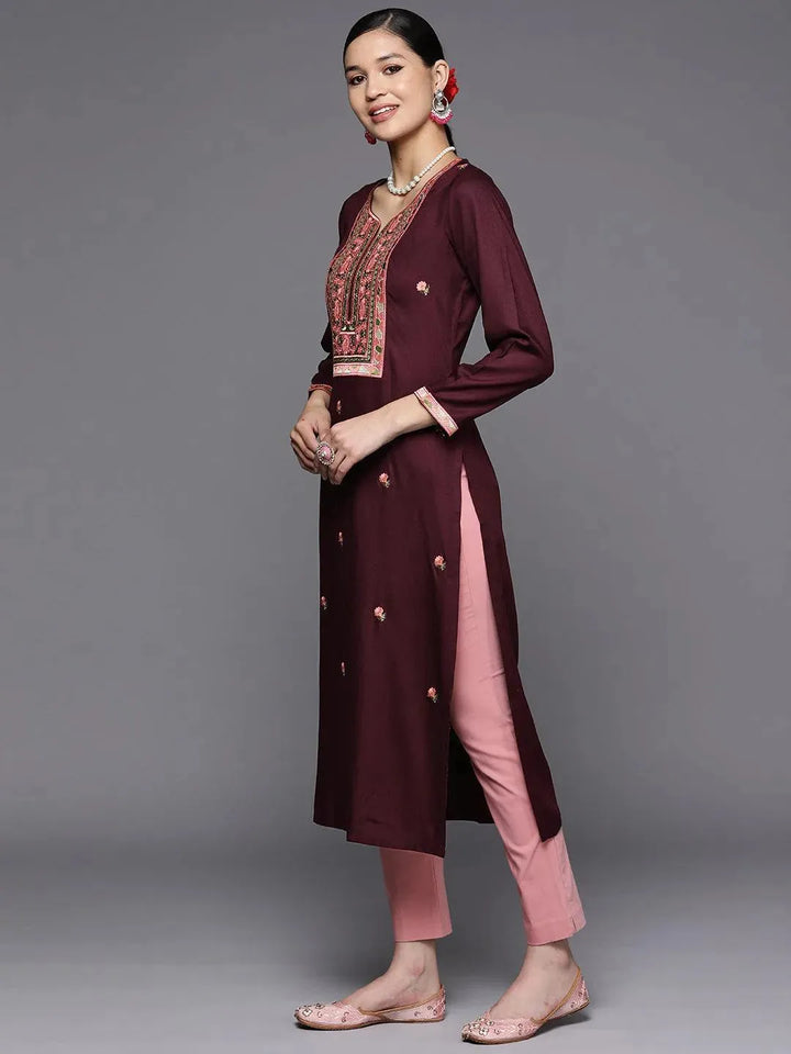 Burgundy Yoke Design Wool Straight Kurta - Libas