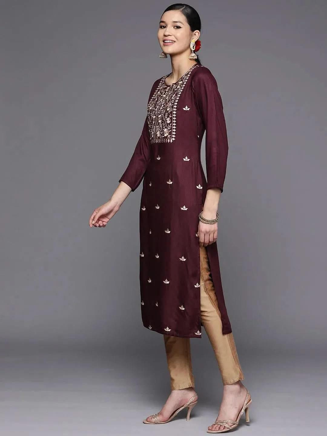 Burgundy Yoke Design Wool Straight Kurta - Libas