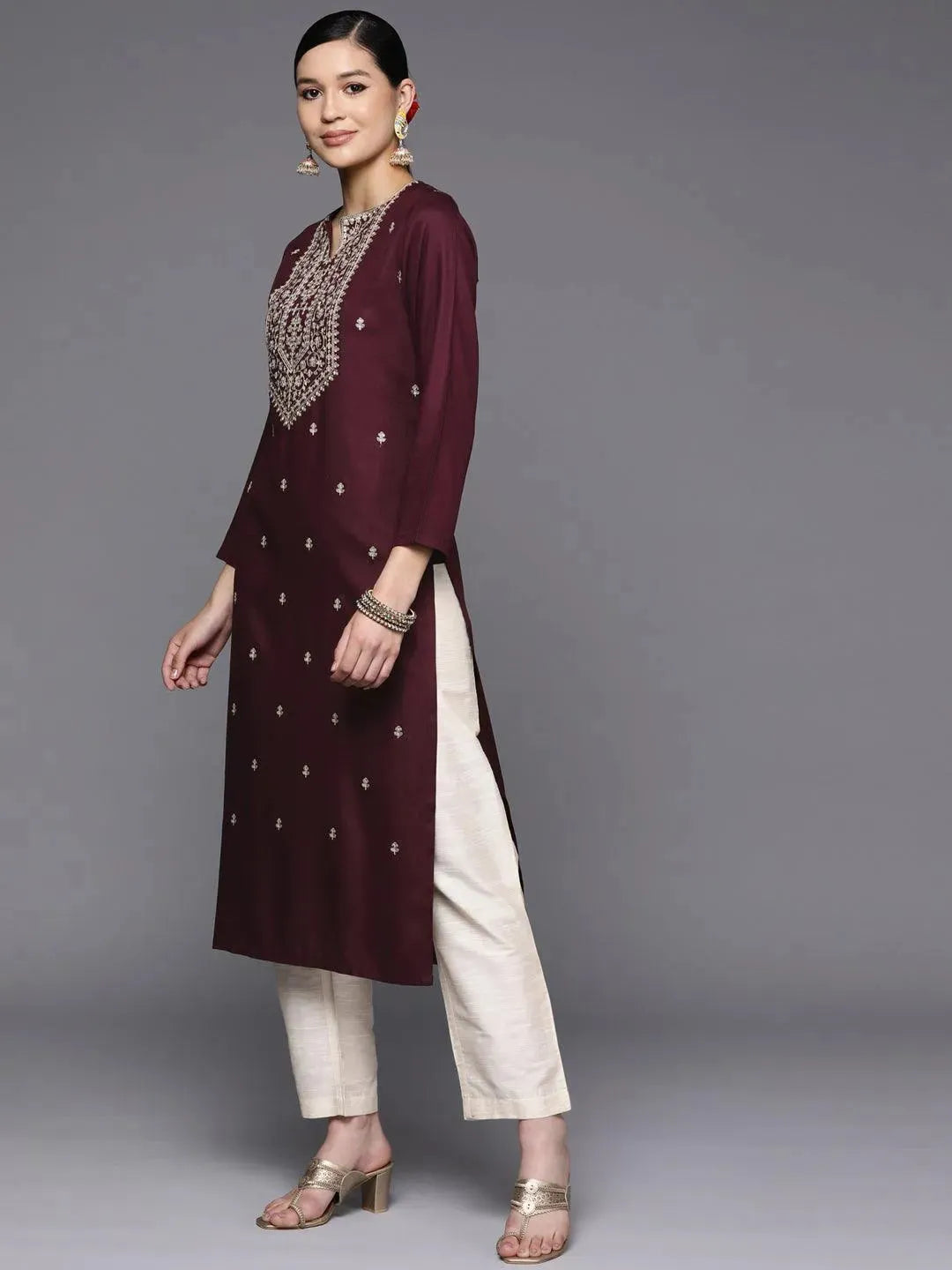 Burgundy Yoke Design Wool Straight Kurta - Libas