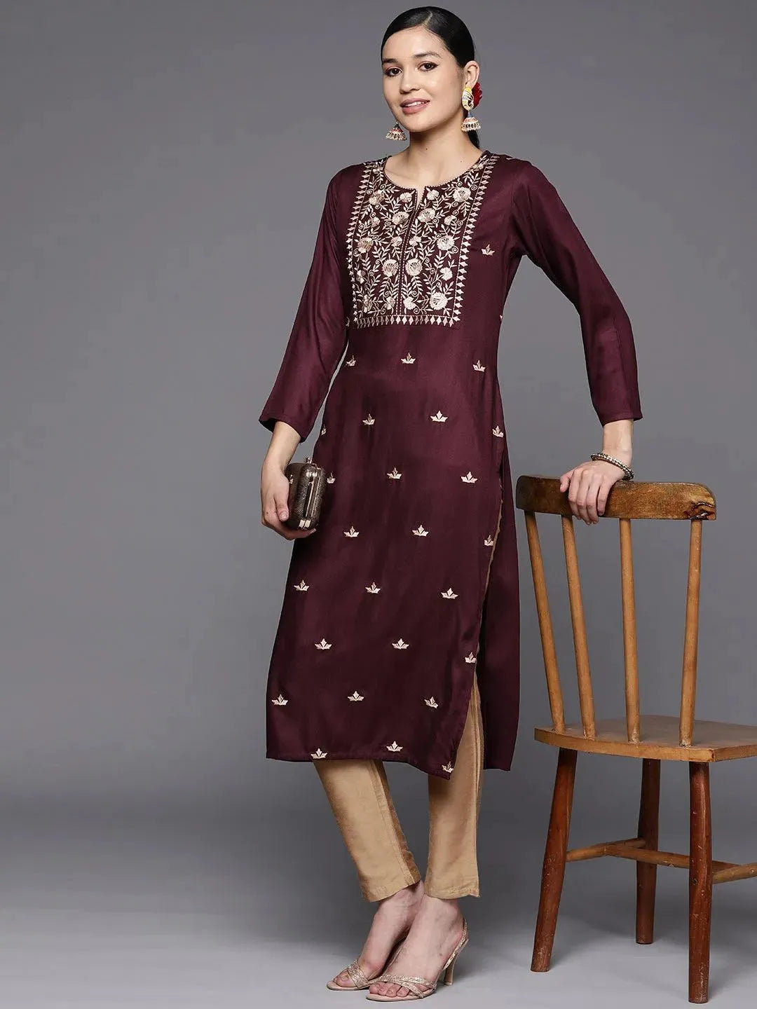 Burgundy Yoke Design Wool Straight Kurta - Libas