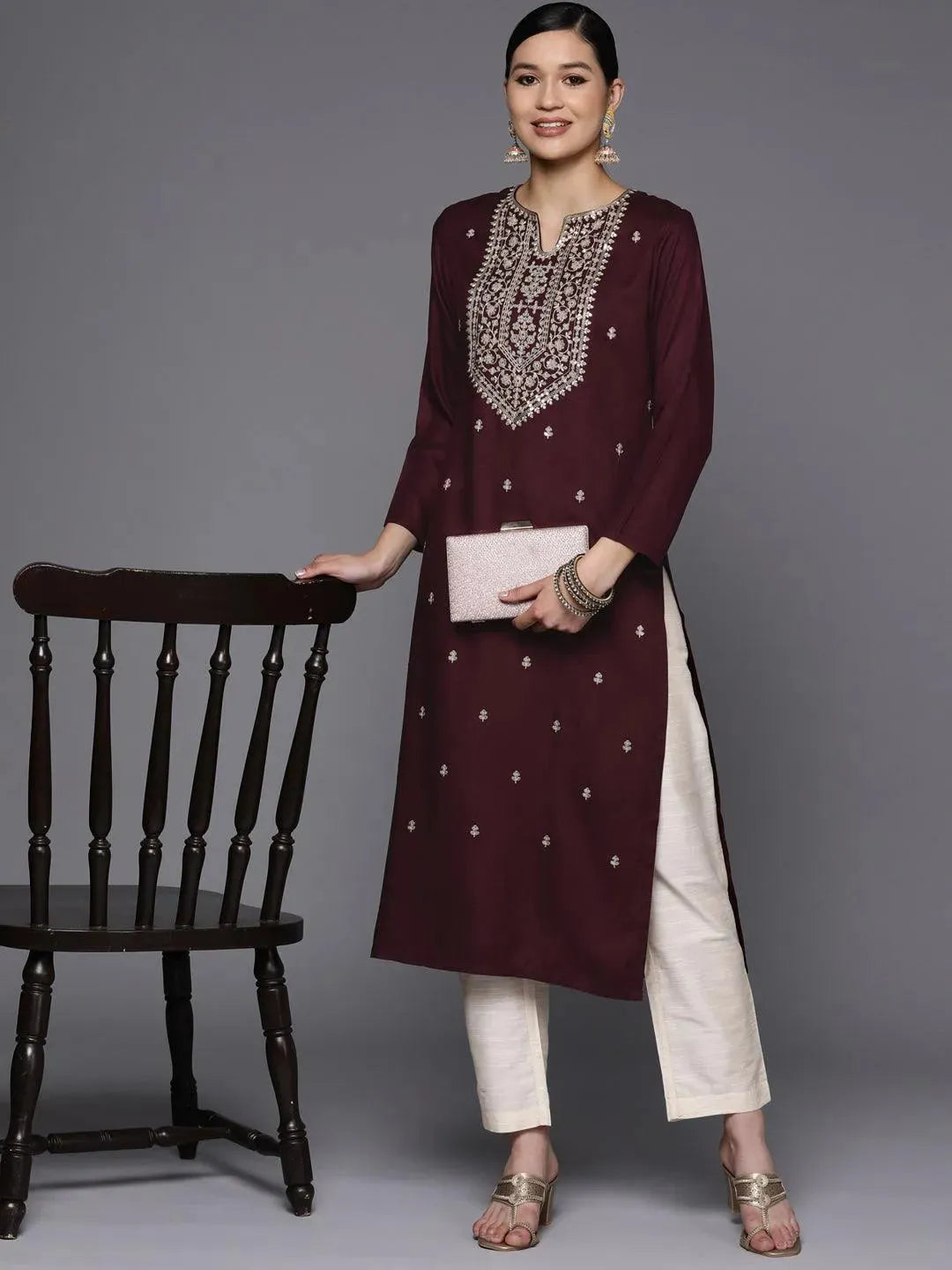 Burgundy Yoke Design Wool Straight Kurta - Libas