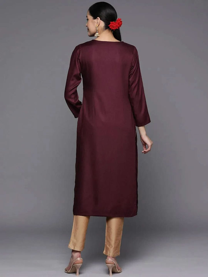 Burgundy Yoke Design Wool Straight Kurta - Libas