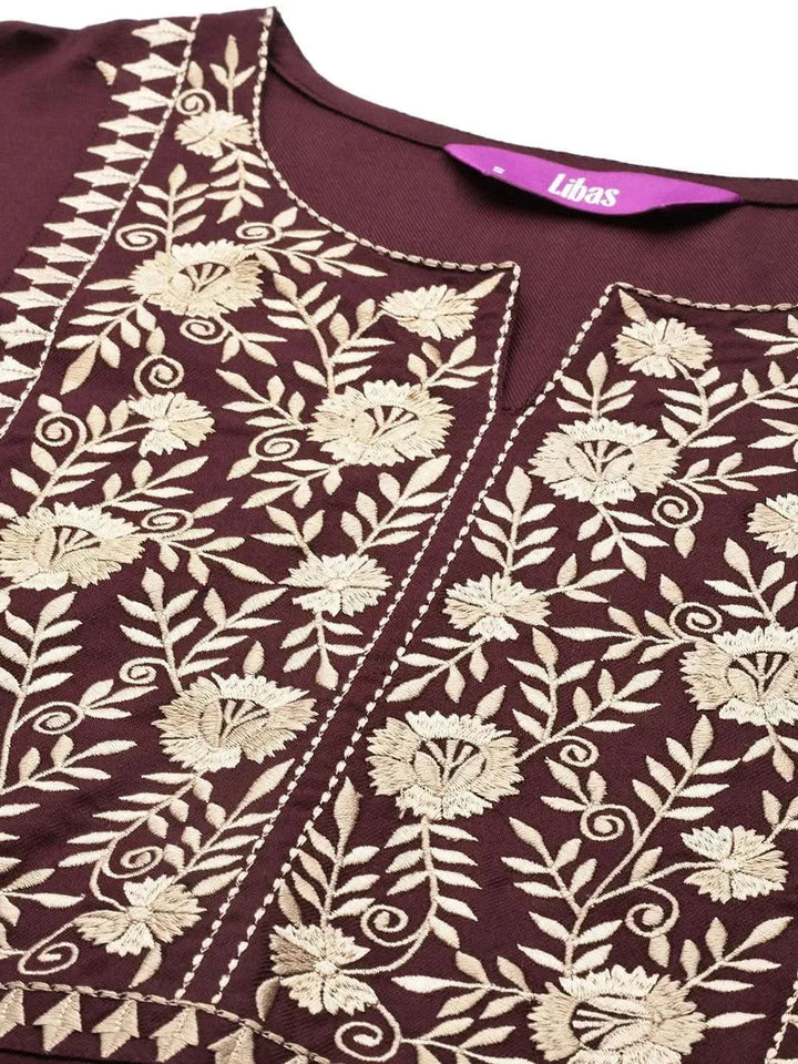 Burgundy Yoke Design Wool Straight Kurta - Libas