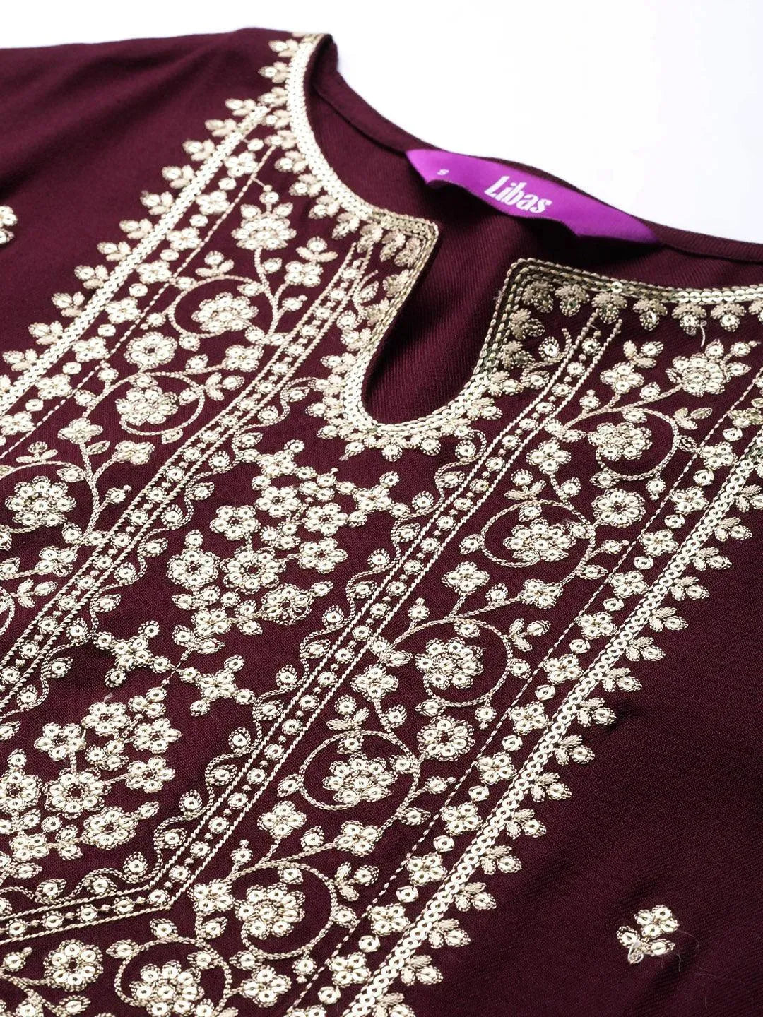 Burgundy Yoke Design Wool Straight Kurta - Libas