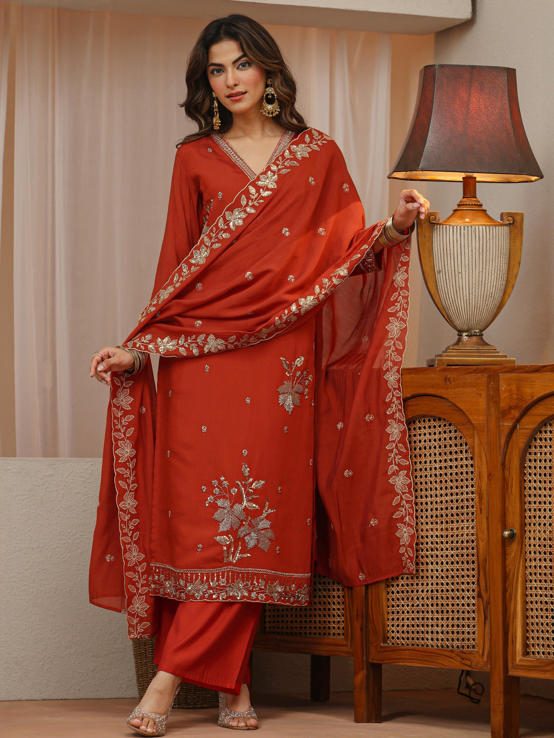  Burnt Orange Embellished Chanderi Silk Straight Suit Set 