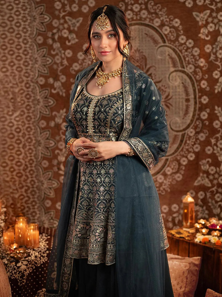 Libas Art Blue Embroidered Silk Anarkali Suit Set With Palazzos - Libas