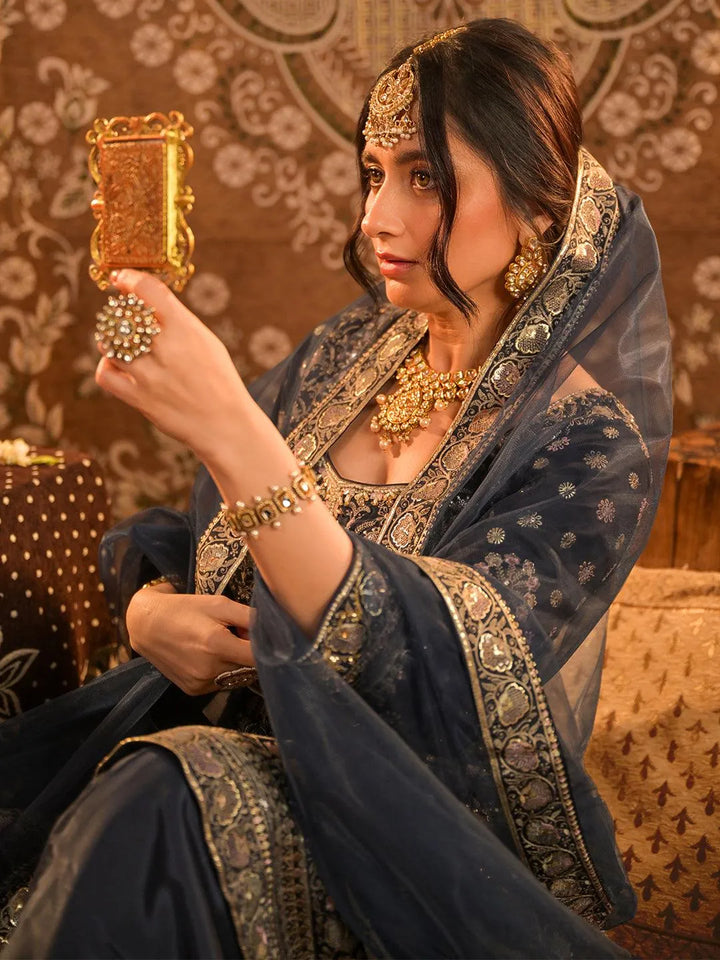 Libas Art Blue Embroidered Silk Anarkali Suit Set With Palazzos - Libas