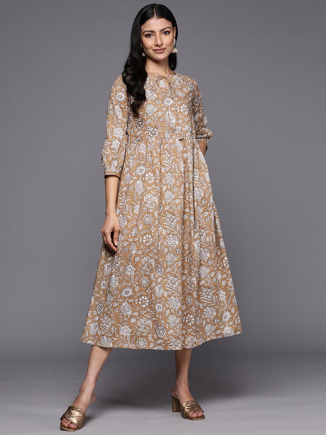 Camel Brown Printed Cotton Empire Dress