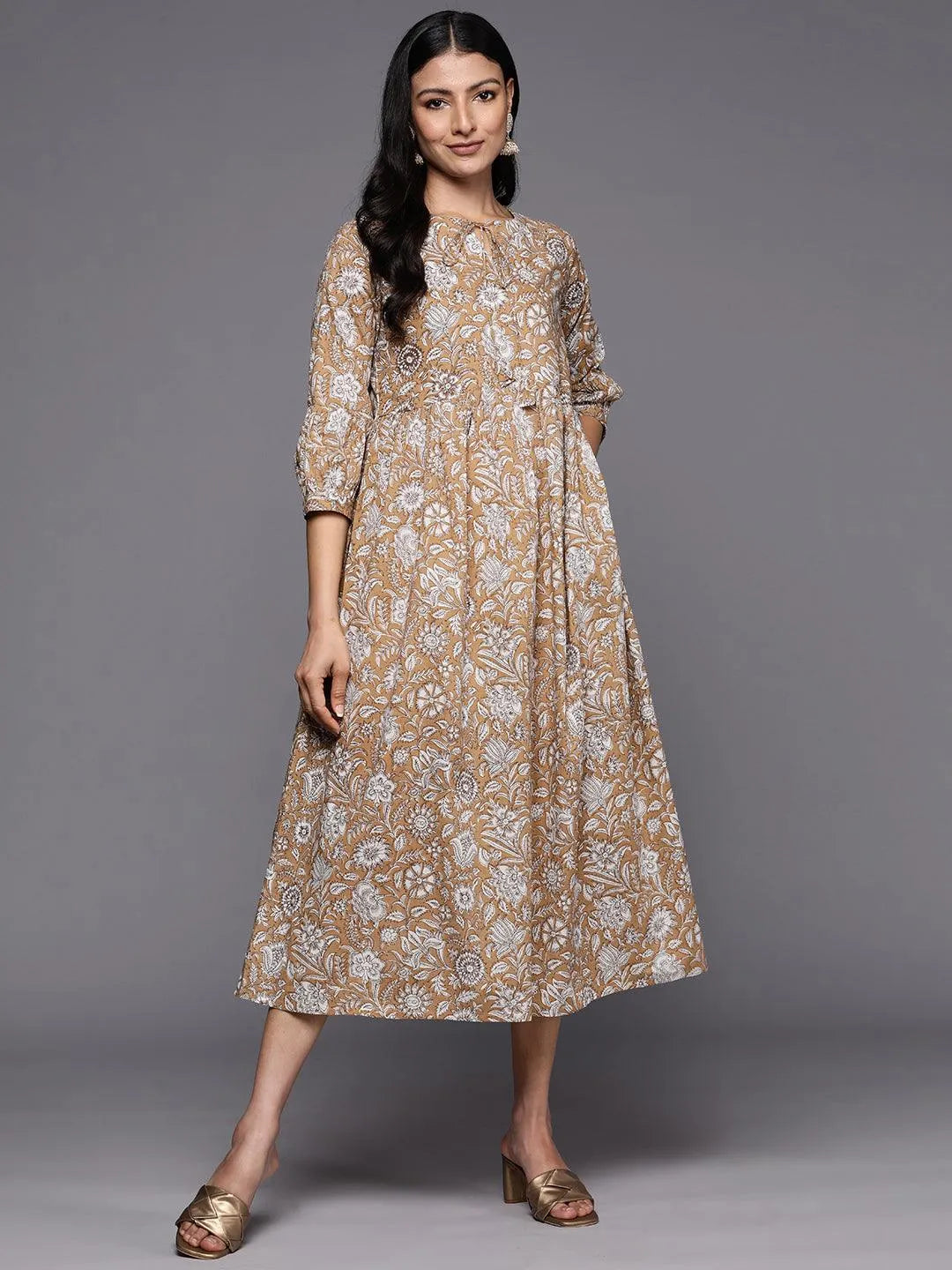 Camel Brown Printed Cotton Empire Dress - Libas 