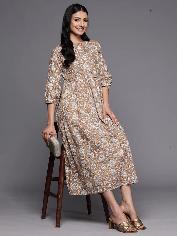 Camel Brown Printed Cotton Empire Dress - Libas