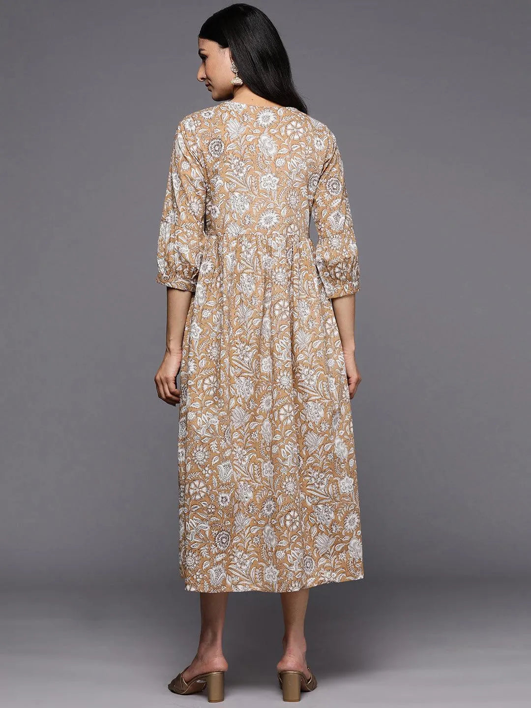 Camel Brown Printed Cotton Empire Dress - Libas 