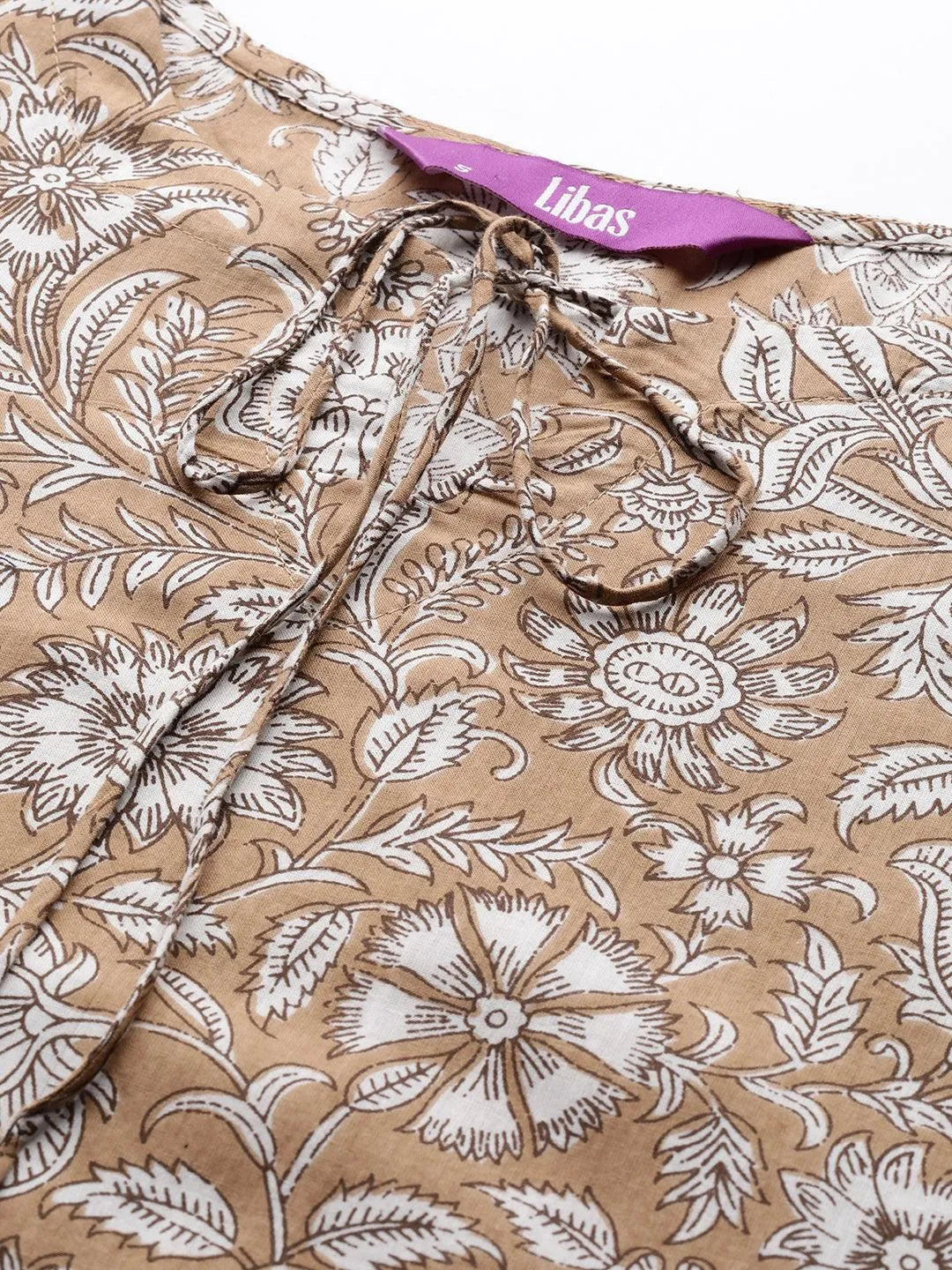 Camel Brown Printed Cotton Empire Dress - Libas 