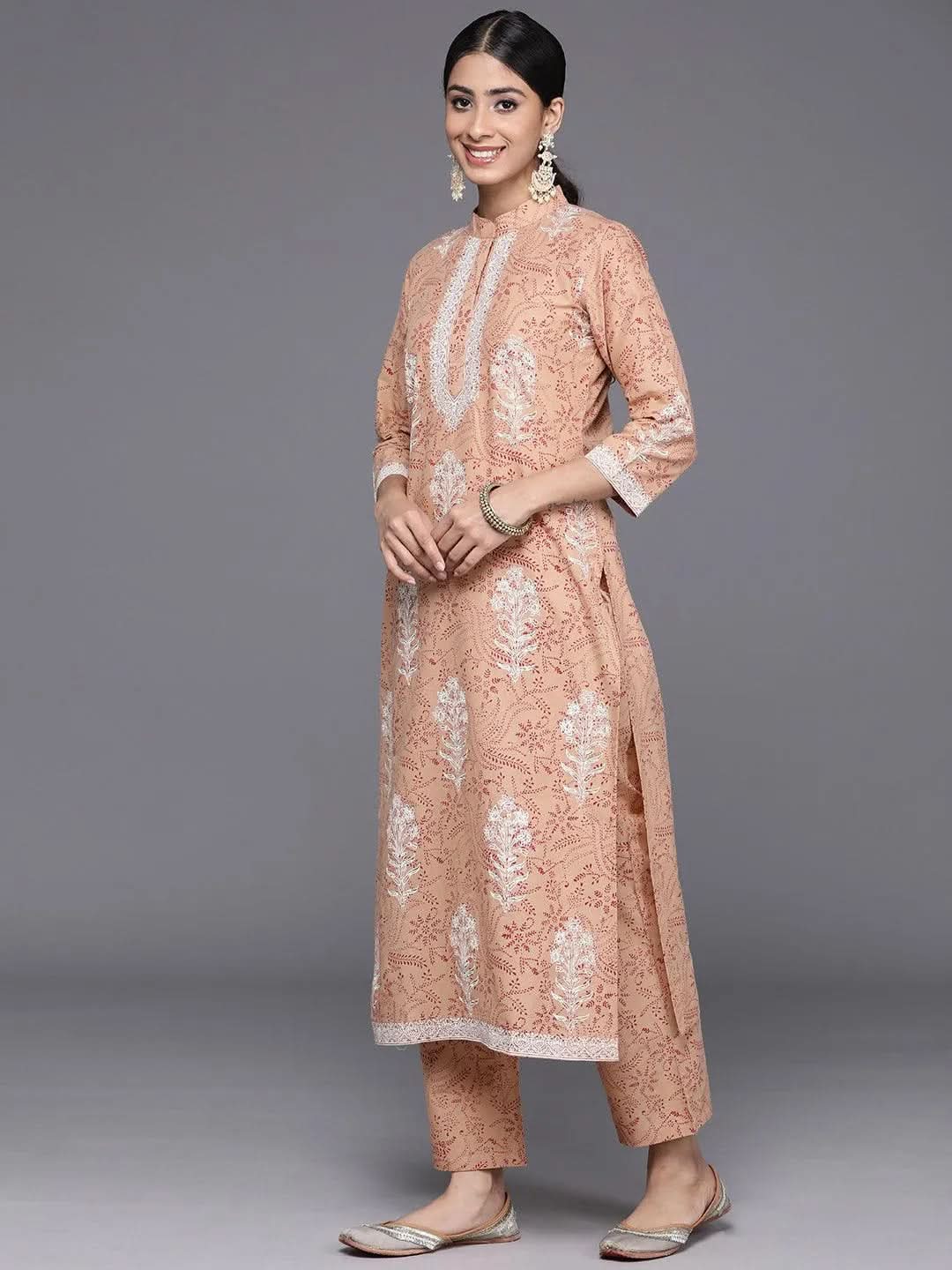 Camel Brown Printed Cotton Straight Kurta With Trousers & Dupatta - Libas 